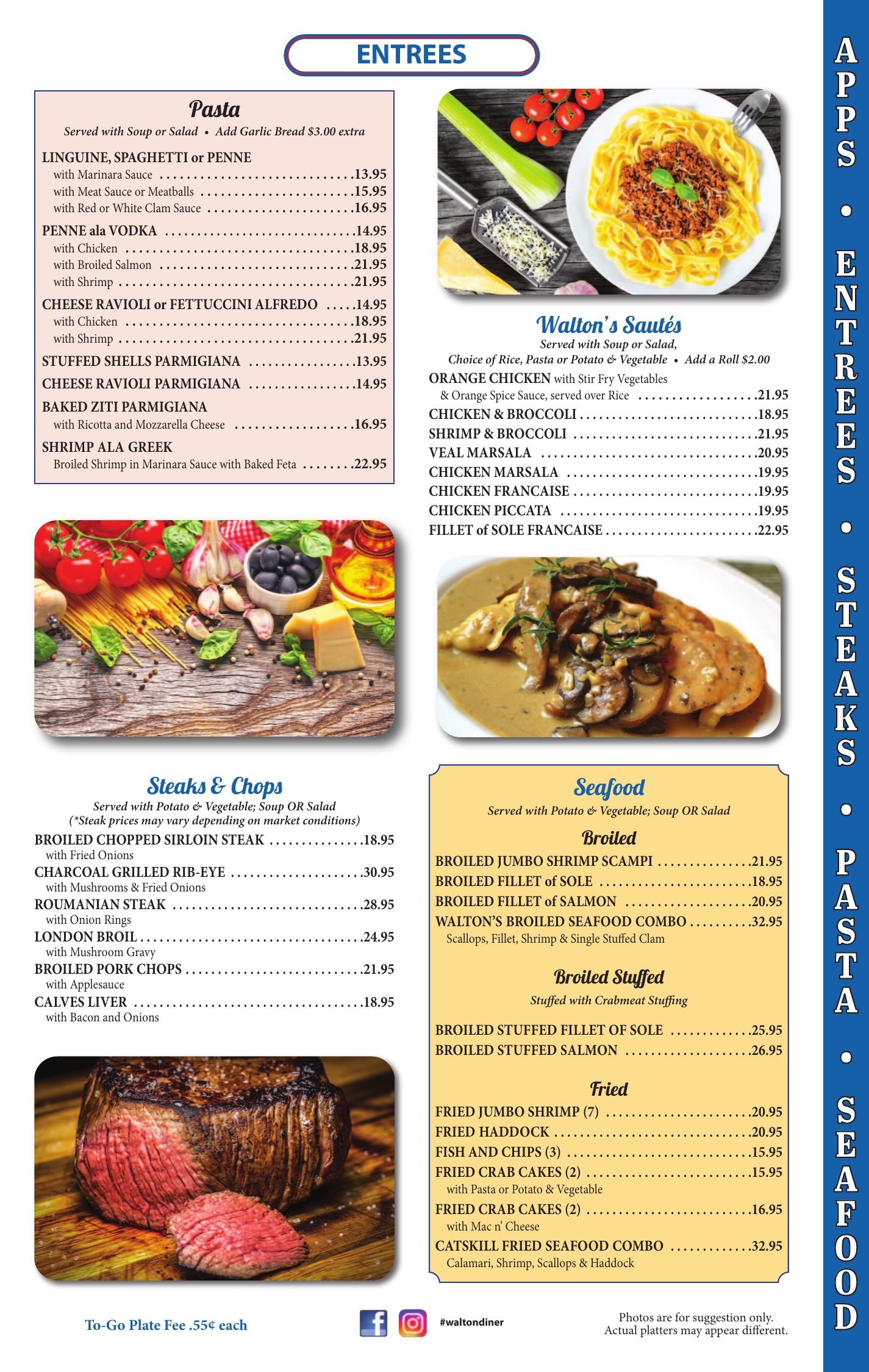 Walton Diner entrees page: pasta, Walton's sautés, steaks and chops, and broiled, stuffed and fried seafood